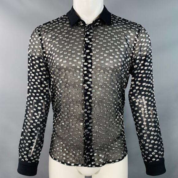 Size M Black Silver Metallic Silk Dots Long Sleeve Shirt - Picture 1 of 7